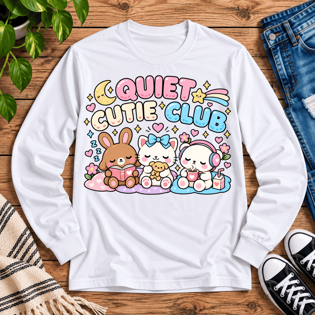 Quiet Cutie Club introvert graphic long sleeve cozy flat lay in white.