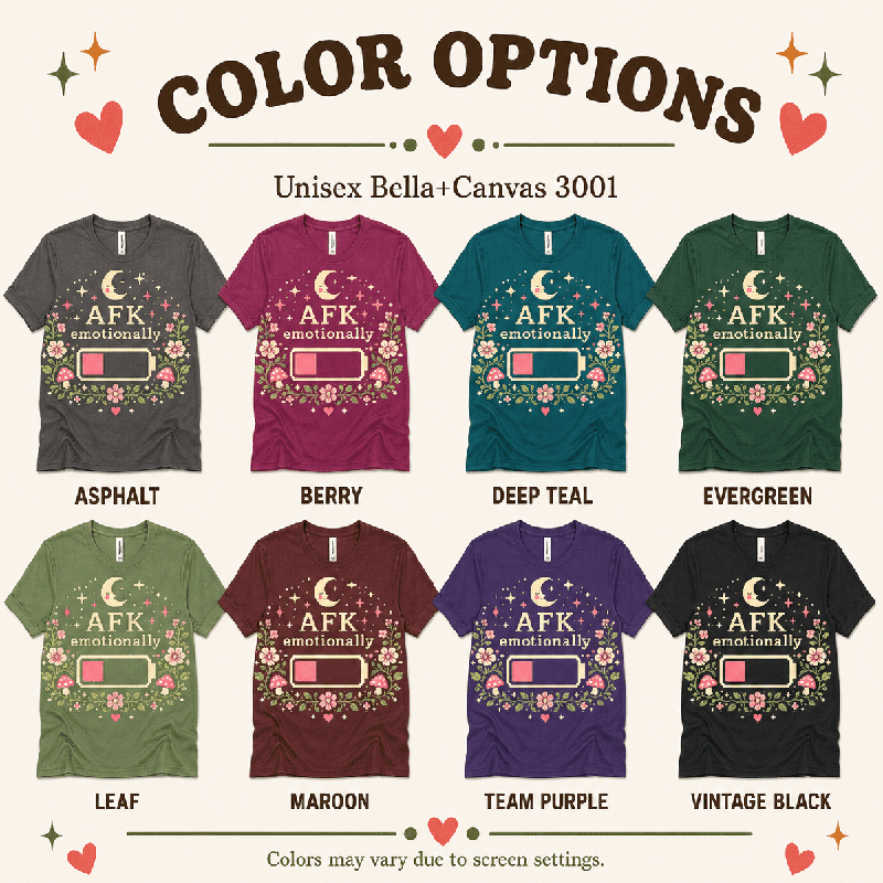 AFK Premium T-Shirt color chart: Asphalt, Berry, Deep Teal, Evergreen, Leaf, Maroon, Team Purple, Vintage Black