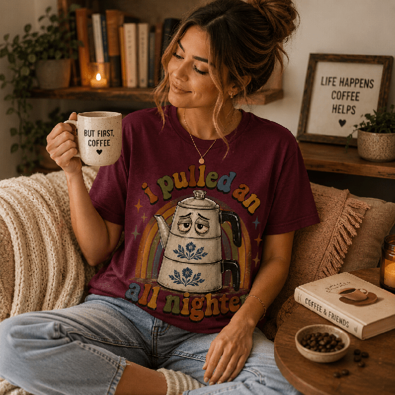 Woman on a couch wearing the All Nighter Premium T-Shirt in maroon, holding a coffee mug