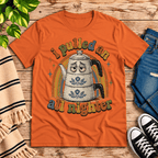 All Nighter Premium T-Shirt in burnt orange, flat lay with coffee-themed graphic