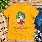 Always Free Premium T-Shirt in gold, flat lay with chibi watermelon-girl graphic