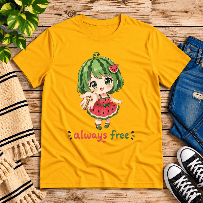 Always Free Premium T-Shirt in gold, flat lay with chibi watermelon-girl graphic