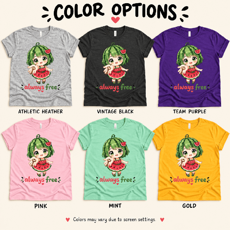 Always Free Premium T-Shirt color chart: Athletic Heather, Vintage Black, Team Purple, Pink, Mint, Gold