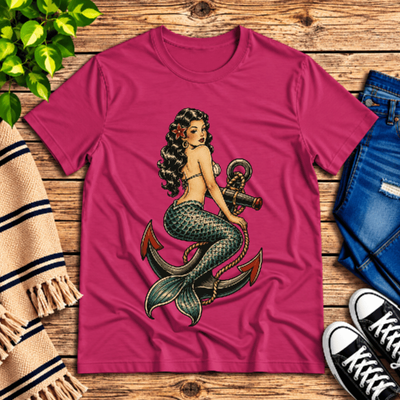 Anchor Mermaid Premium T-Shirt in berry pink, flat lay