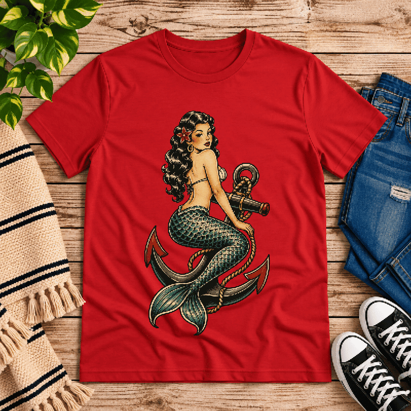 Anchor Mermaid Premium T-Shirt in red, flat lay
