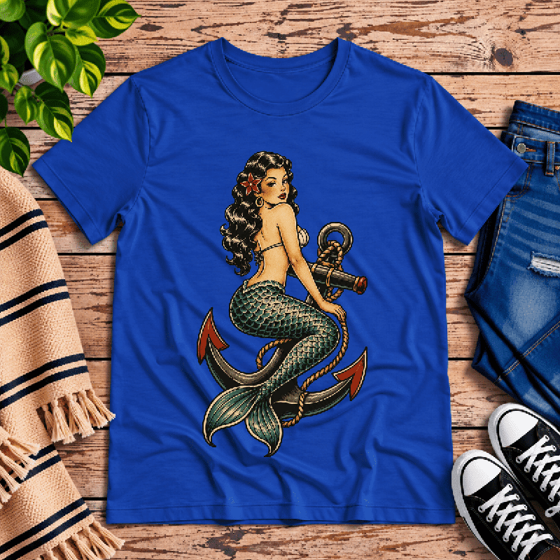 Anchor Mermaid Premium T-Shirt in true royal blue, flat lay