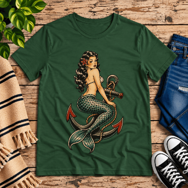 Anchor Mermaid Premium T-Shirt in evergreen, flat lay