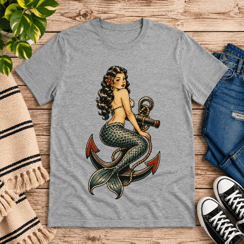 Anchor Mermaid Premium T-Shirt in heather gray, flat lay