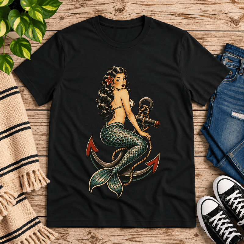 Anchor Mermaid Premium T-Shirt in black, flat lay
