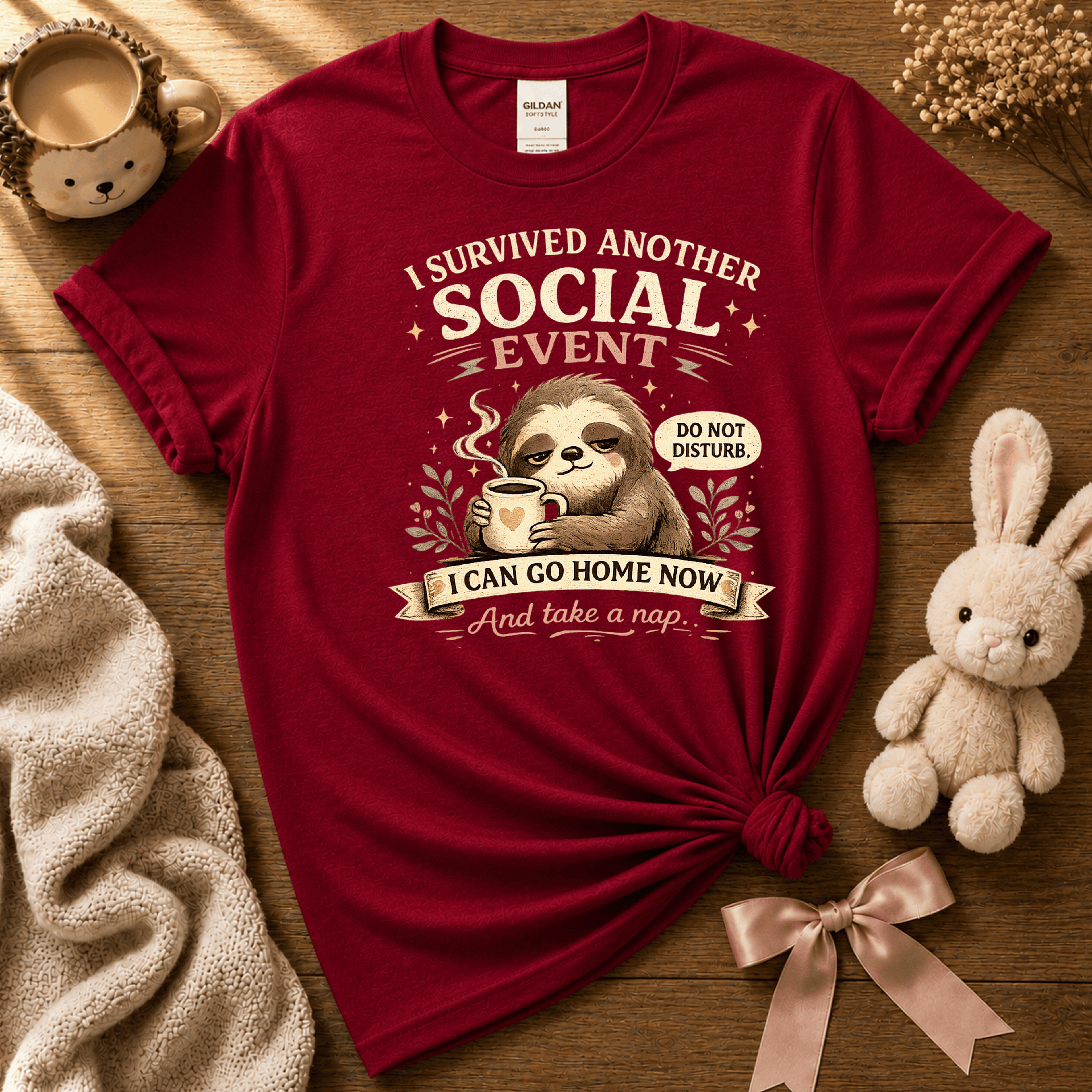 I survived cute animal graphic t-shirt cozy flat lay in antique cherry red.