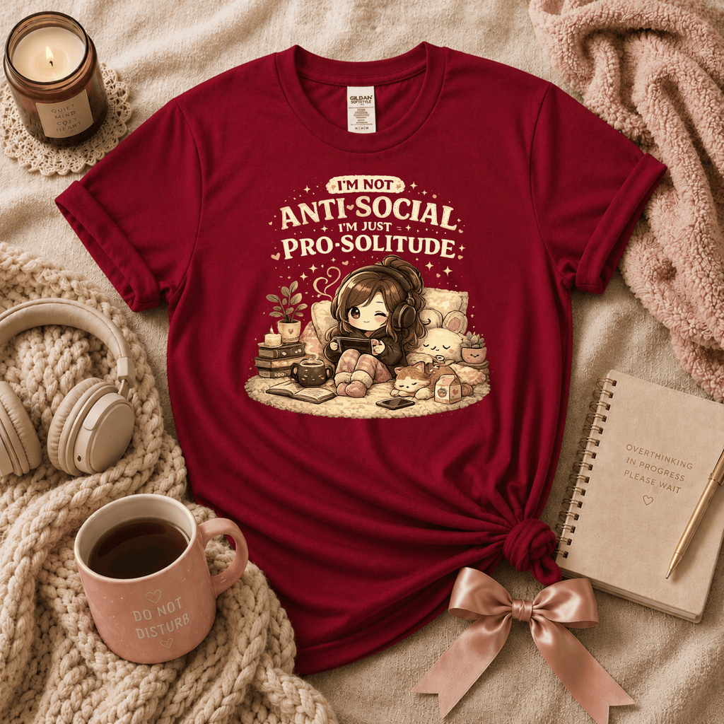 Pro Solitude introvert graphic t-shirt in Antique Cherry Red.