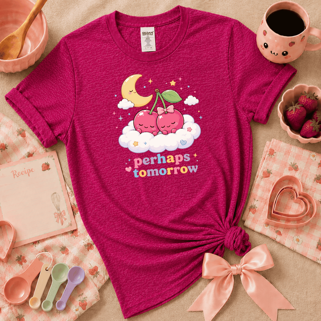 Perhaps Tomorrow Kawaii cute fruit graphic t-shirt displayed in a cozy flat lay in antique heliconia.