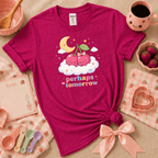 Perhaps Tomorrow Kawaii cute fruit graphic t-shirt displayed in a cozy flat lay in antique heliconia.