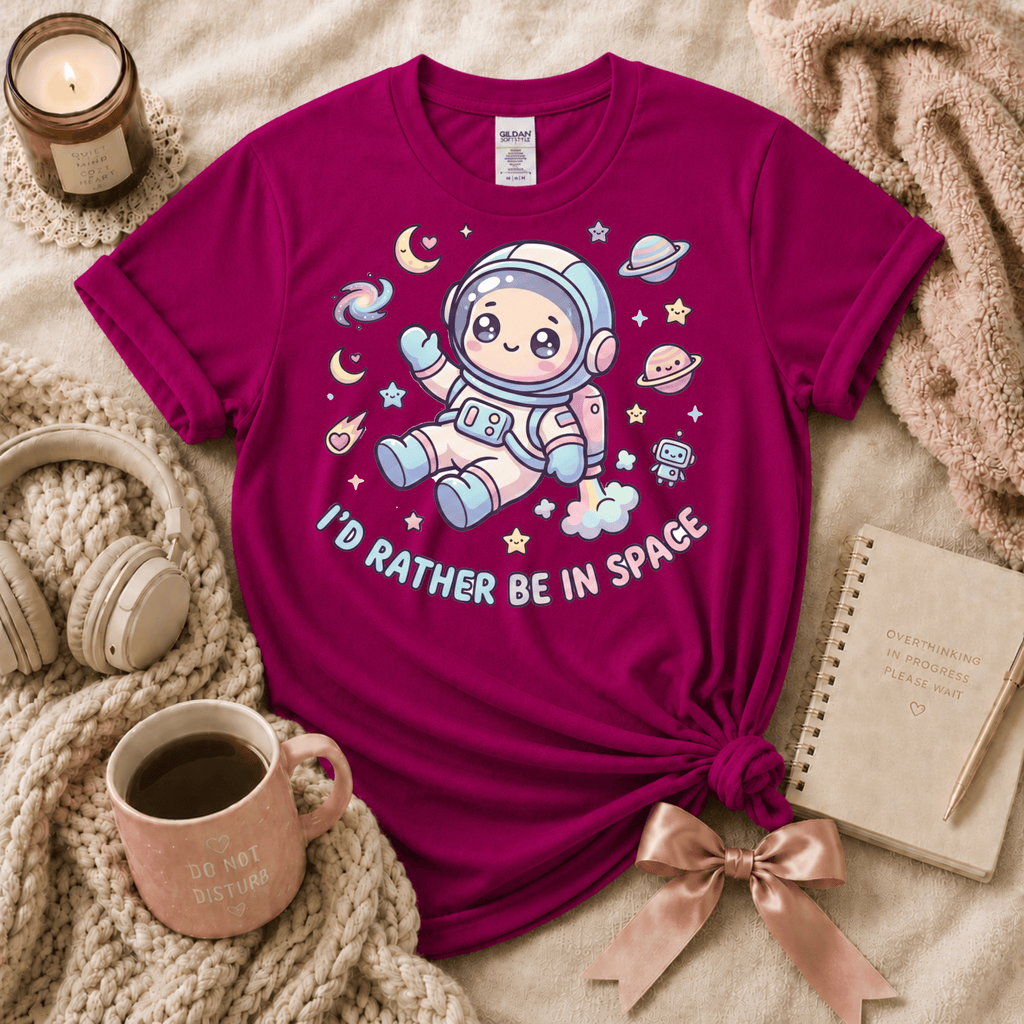 I'd Rather Be In Space introvert graphic t-shirt cozy flat lay in antique heliconia.