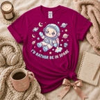 I'd Rather Be In Space introvert graphic t-shirt cozy flat lay in antique heliconia.