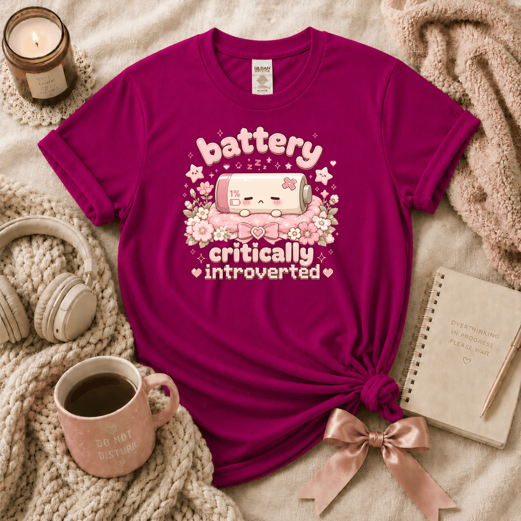 Cute Battery introvert graphic t-shirt cozy flat lay in antique heliconia.