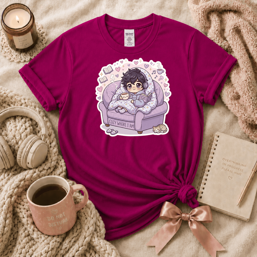 Happy Where I am introvert graphic t-shirt cozy flat lay in antique heliconia.