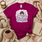 Happy Where I am introvert graphic t-shirt cozy flat lay in antique heliconia.