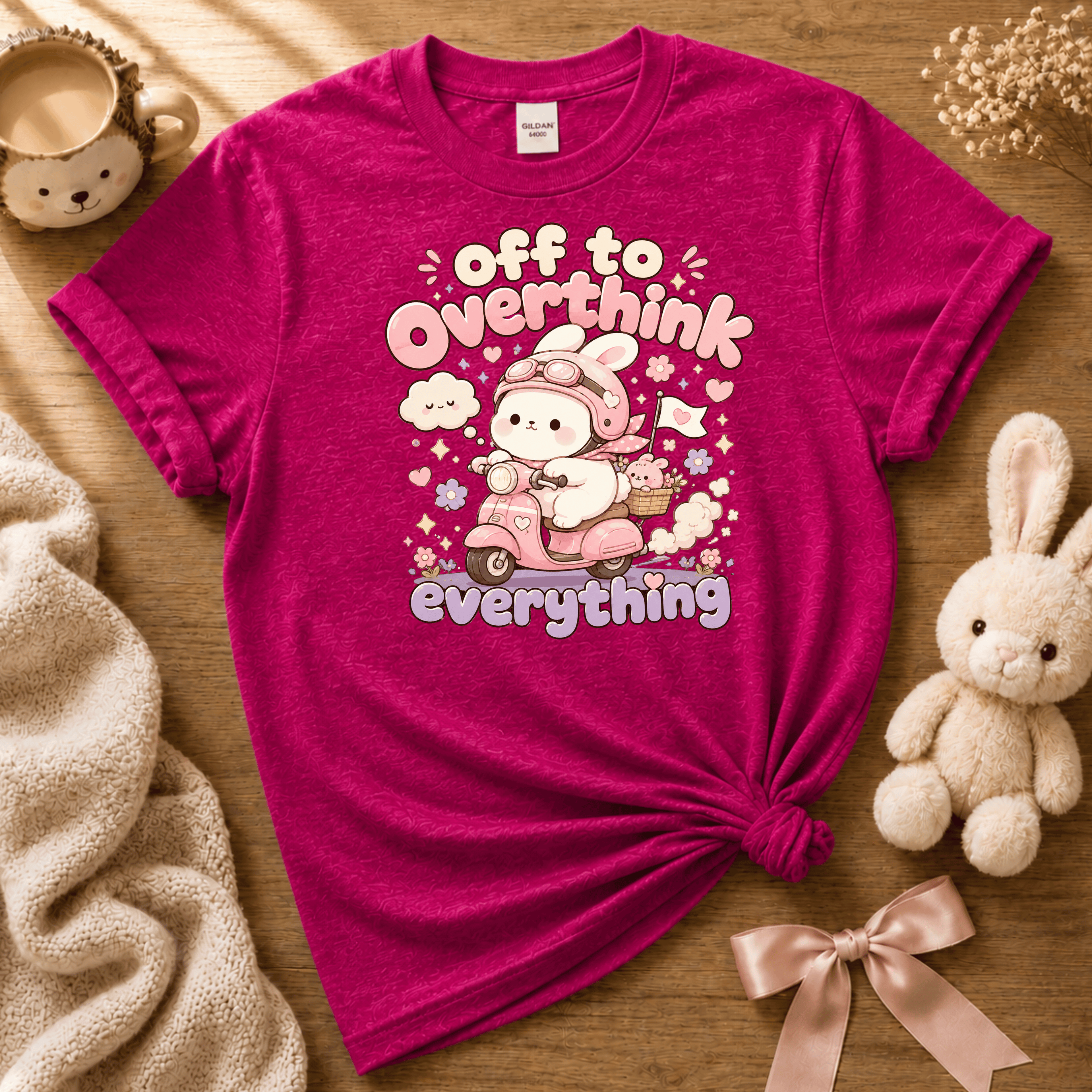 Overthink Bunny cute animal graphic t-shirt cozy flat lay in antique heliconia.