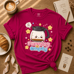 Running on Empty coffee lover graphic t-shirt cozy flat lay in antique heliconia.