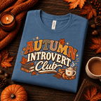 Autumn Introvert Club Premium T-Shirt in steel blue, folded close-up with neck tag showing
