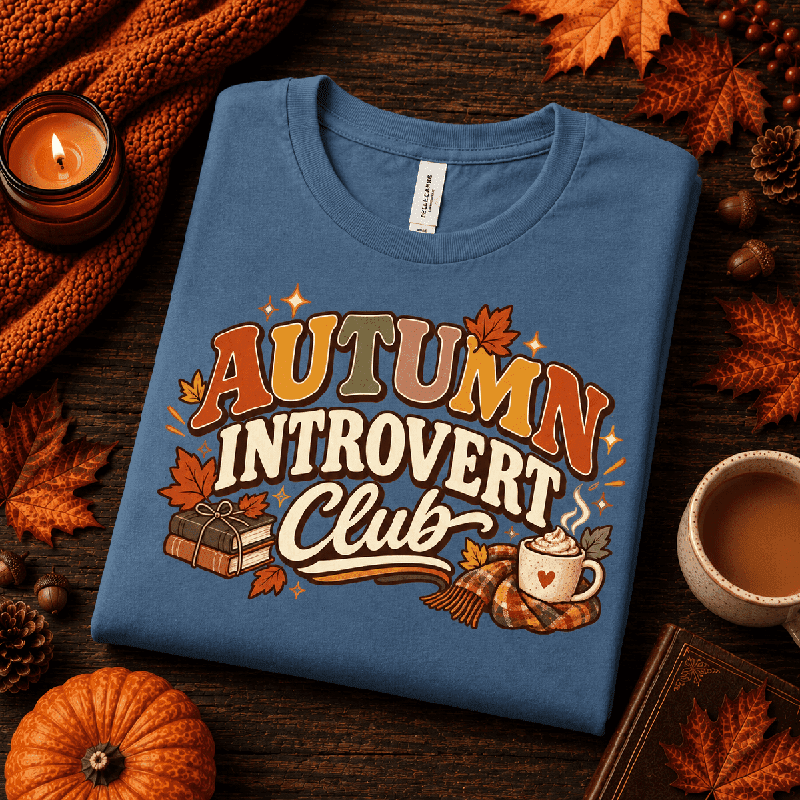 Autumn Introvert Club Premium T-Shirt in steel blue, folded close-up with neck tag showing