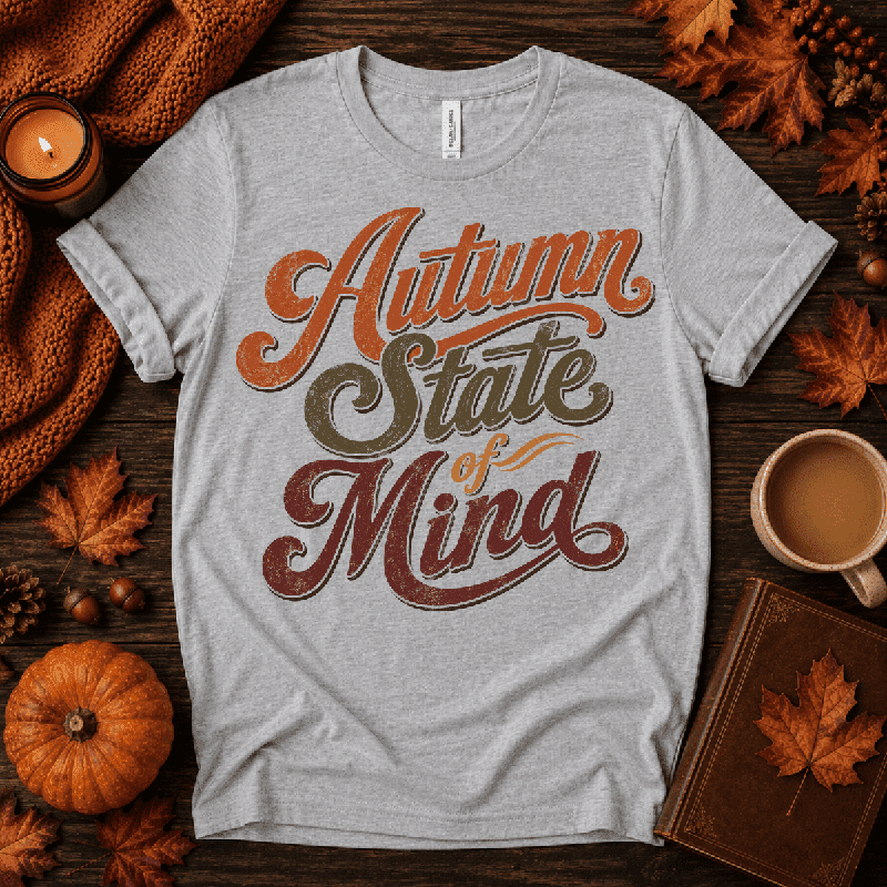Autumn State Of Mind Premium T-Shirt in athletic heather gray, flat lay with fall props