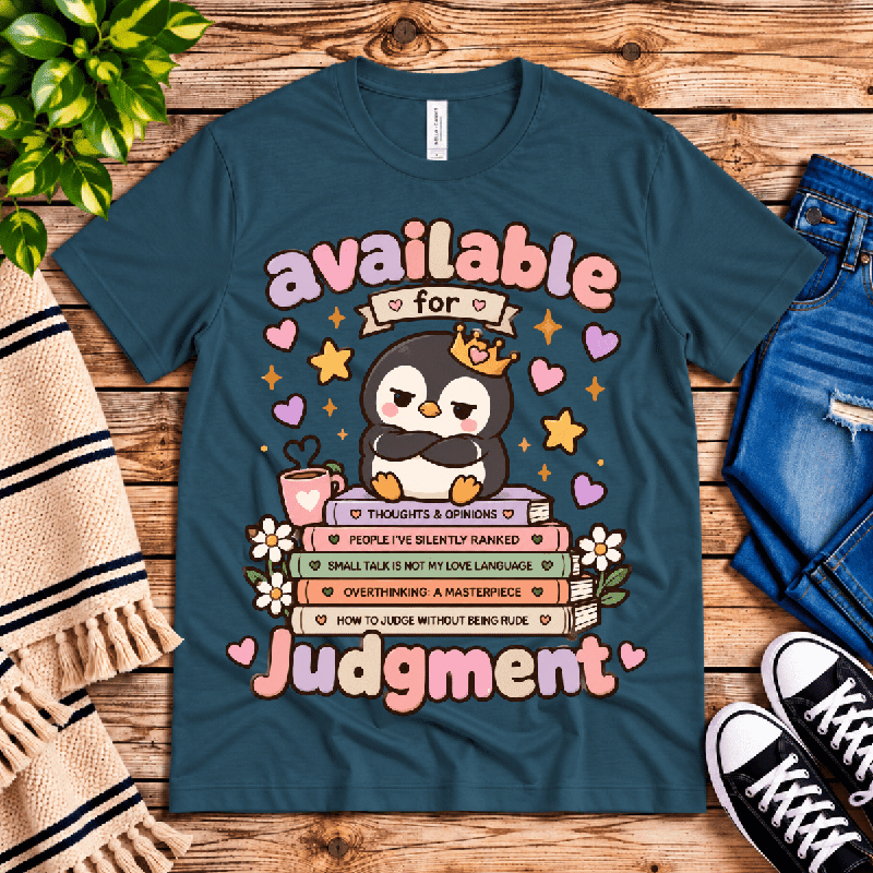 Available For Judgement Premium T-Shirt in deep teal, flat lay with neck tag showing