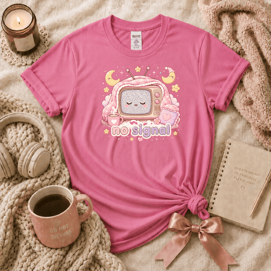 No Signal introvert graphic t-shirt cozy flat lay in azalea.