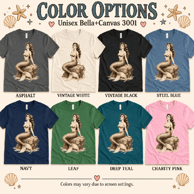 Beach Mermaid Premium T-Shirt color chart: Asphalt, Vintage White, Vintage Black, Steel Blue, Navy, Leaf, Deep Teal, Charity Pink