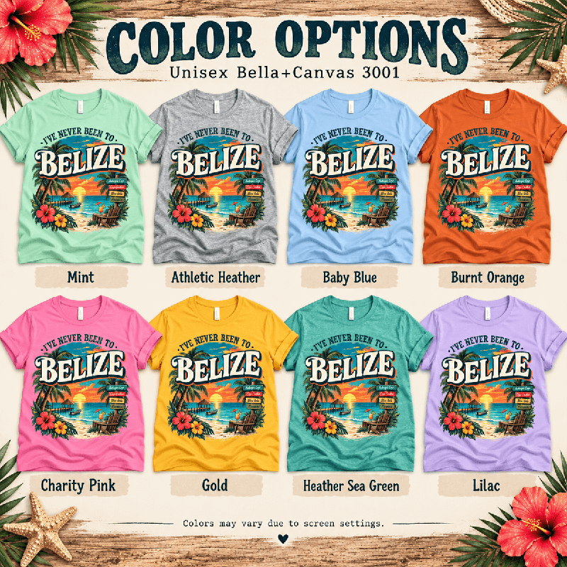 Belize Premium T-Shirt color chart: Mint, Athletic Heather, Baby Blue, Burnt Orange, Charity Pink, Gold, Heather Sea Green, Lilac