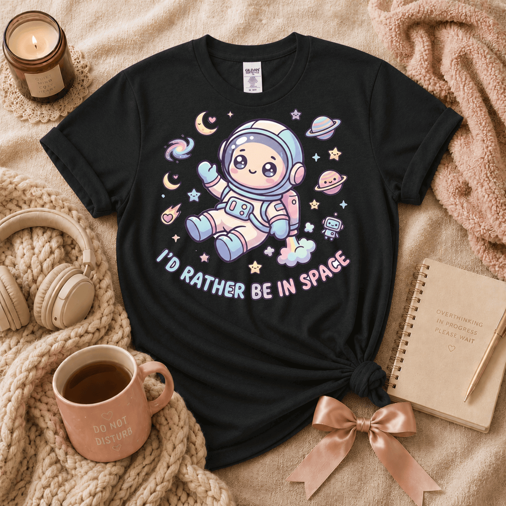 I'd Rather Be In Space introvert graphic t-shirt cozy flat lay in black.