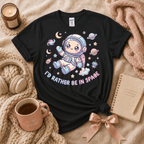 I'd Rather Be In Space introvert graphic t-shirt cozy flat lay in black.