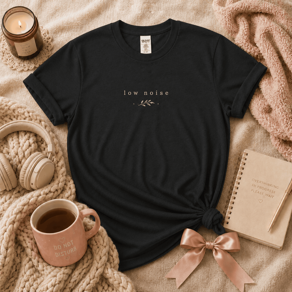 Low Noise introvert graphic t-shirt cozy flat lay in black.