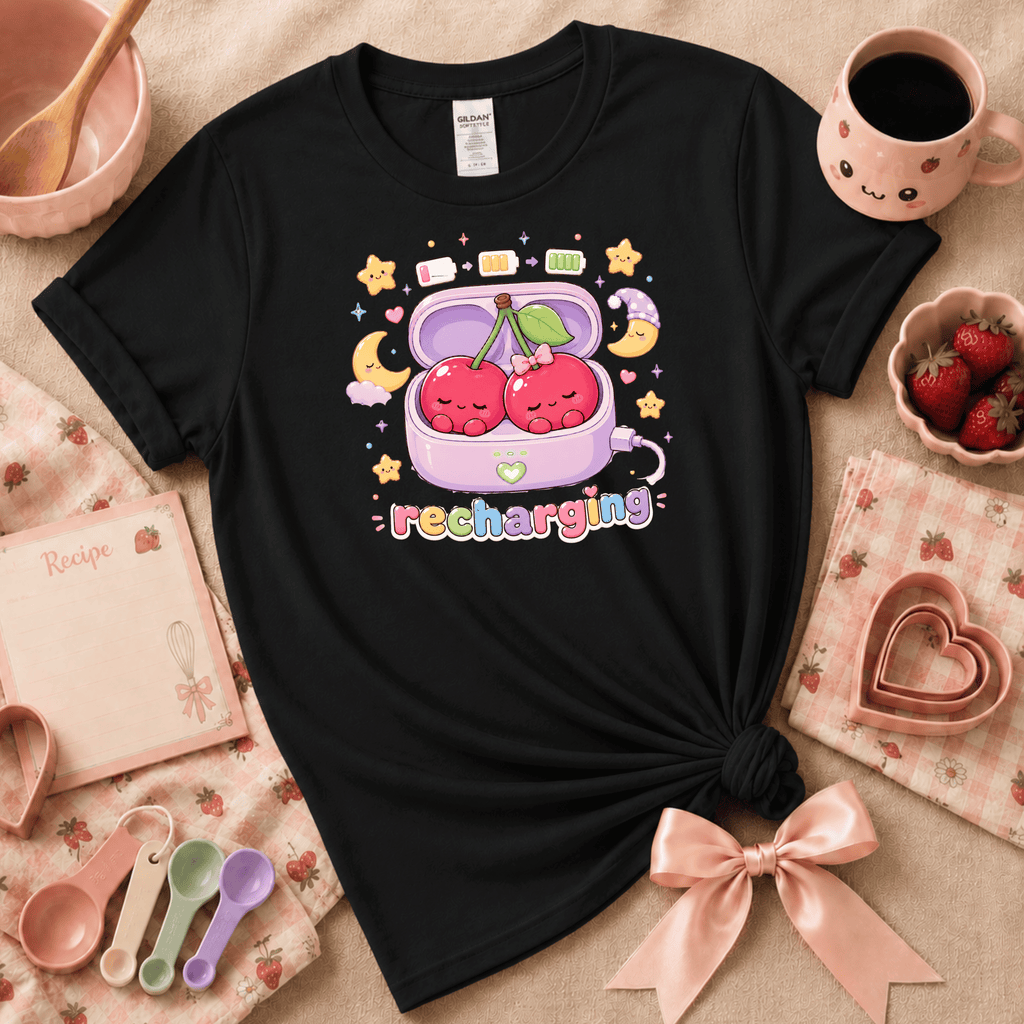 Recharging Cherries Kawaii cute fruit graphic t-shirt cozy flat lay in black.