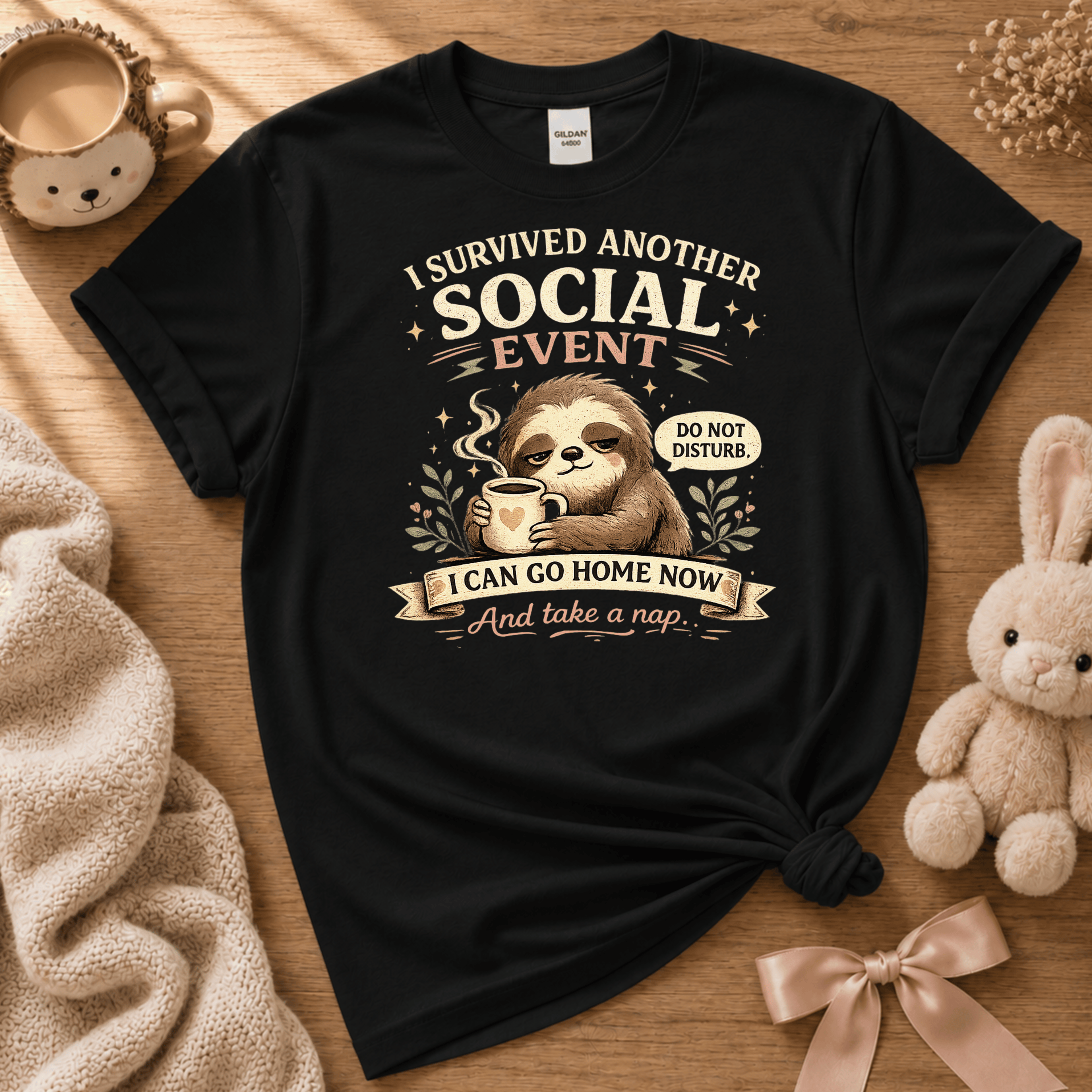 I Survived cute animal graphic t-shirt displayed in a cozy flat lay in black.