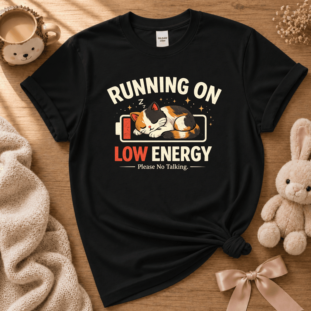 Low Energy cute animal graphic t-shirt cozy flat lay in black.