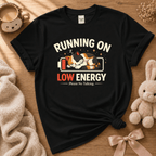 Low Energy cute animal graphic t-shirt cozy flat lay in black.