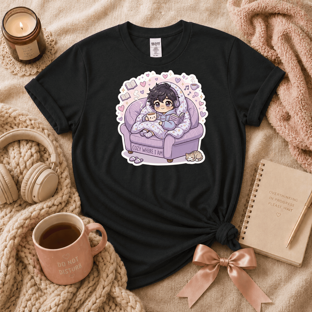 Happy Where I am introvert graphic t-shirt cozy flat lay in black.
