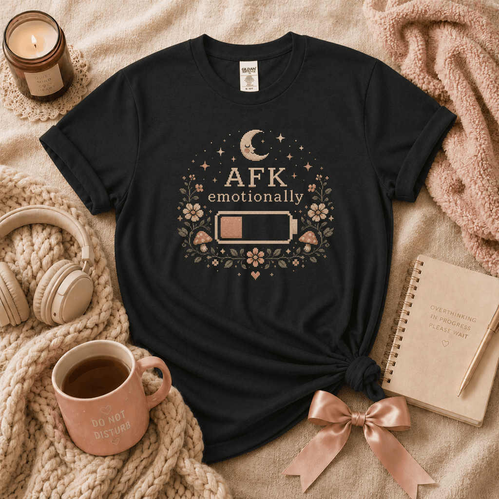 AFK introvert graphic t-shirt cozy flat lay in black.