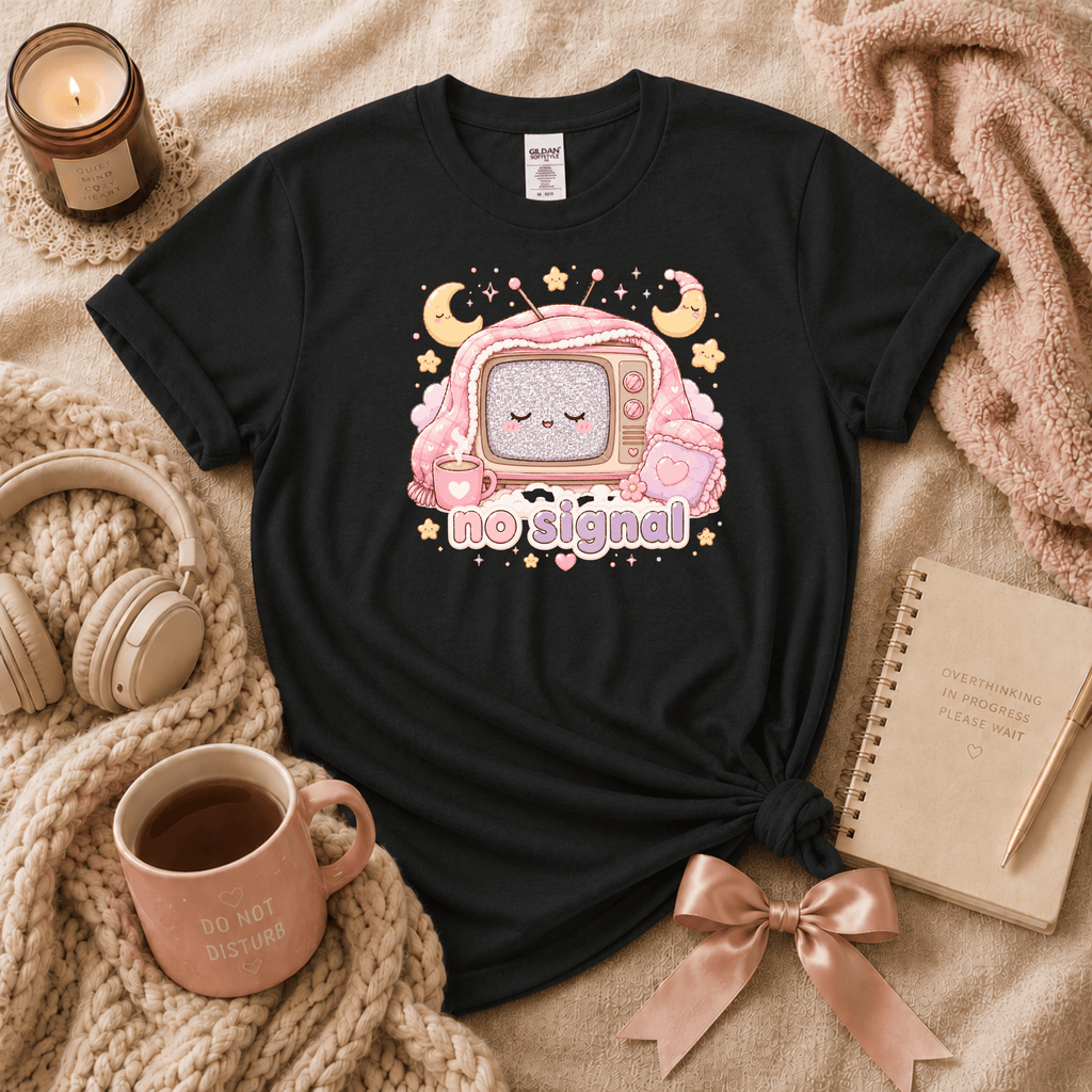 No Signal introvert graphic t-shirt cozy flat lay in black.