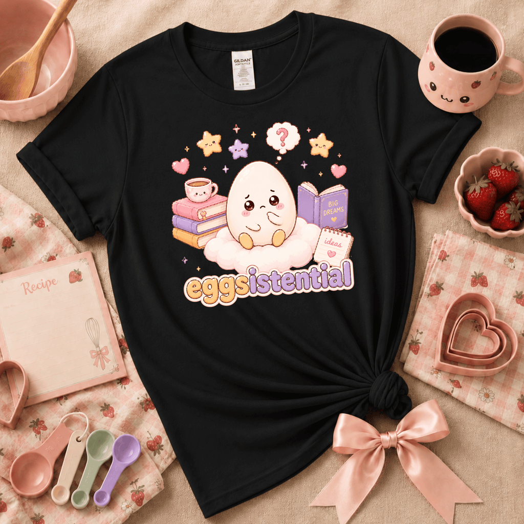 Eggsistential Kawaii cute food graphic t-shirt displayed in a cozy flat lay in black.