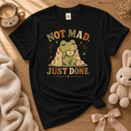 Just Done cute animal graphic t-shirt displayed in a cozy flat lay in black.