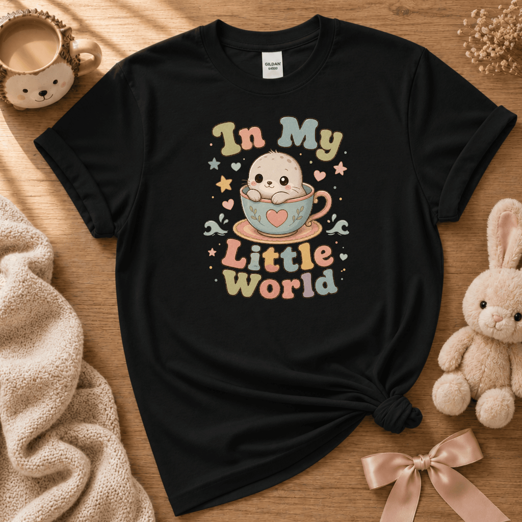 In My Little World cute animal graphic t-shirt cozy flat lay in black.