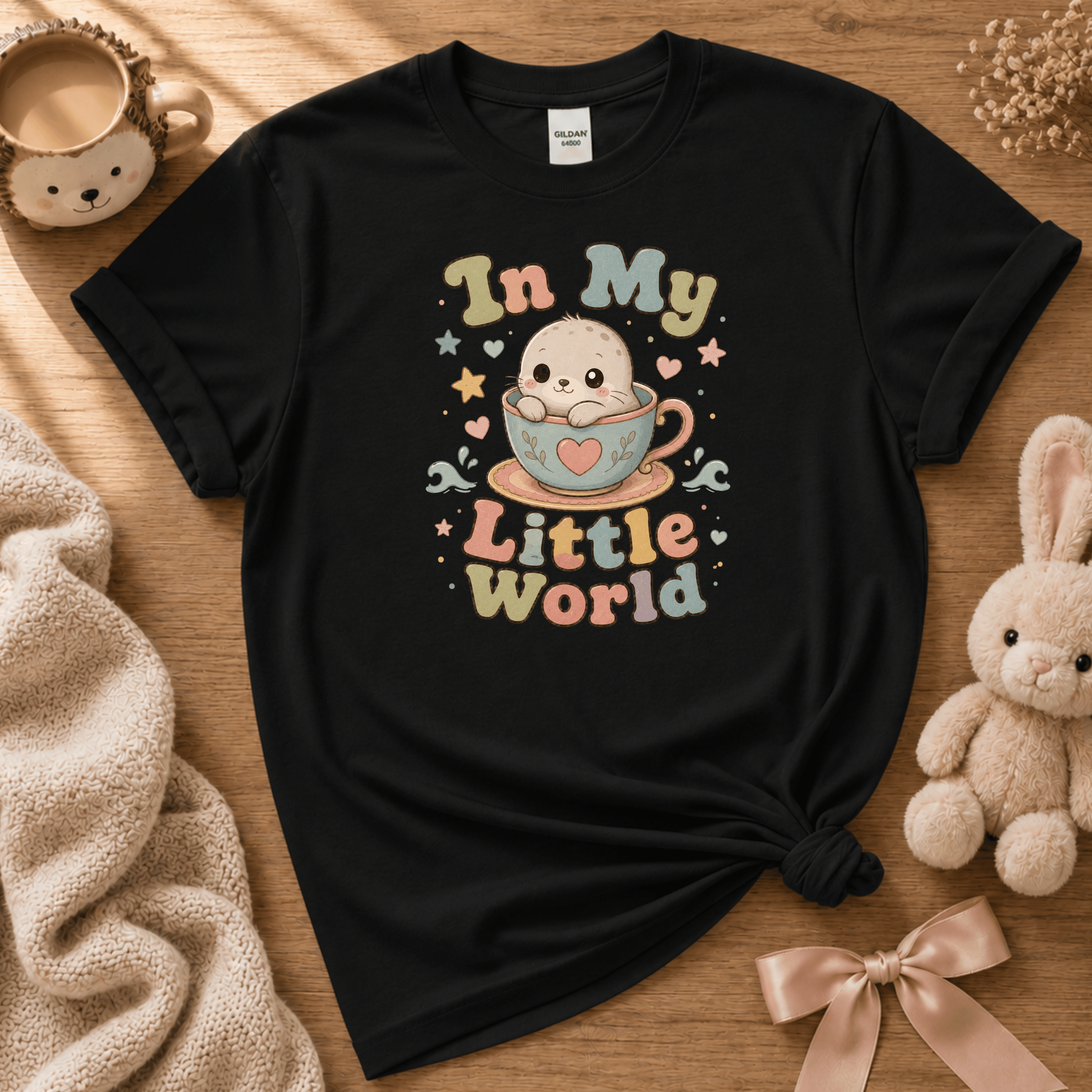 In My Little World cute animal graphic t-shirt cozy flat lay in black.