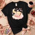 Sleeping Toast Kawaii cute food graphic t-shirt displayed in a cozy flat lay in black.