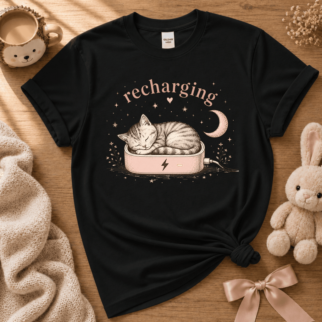 Recharging Cat | Cute Animal Graphic T-Shirt
