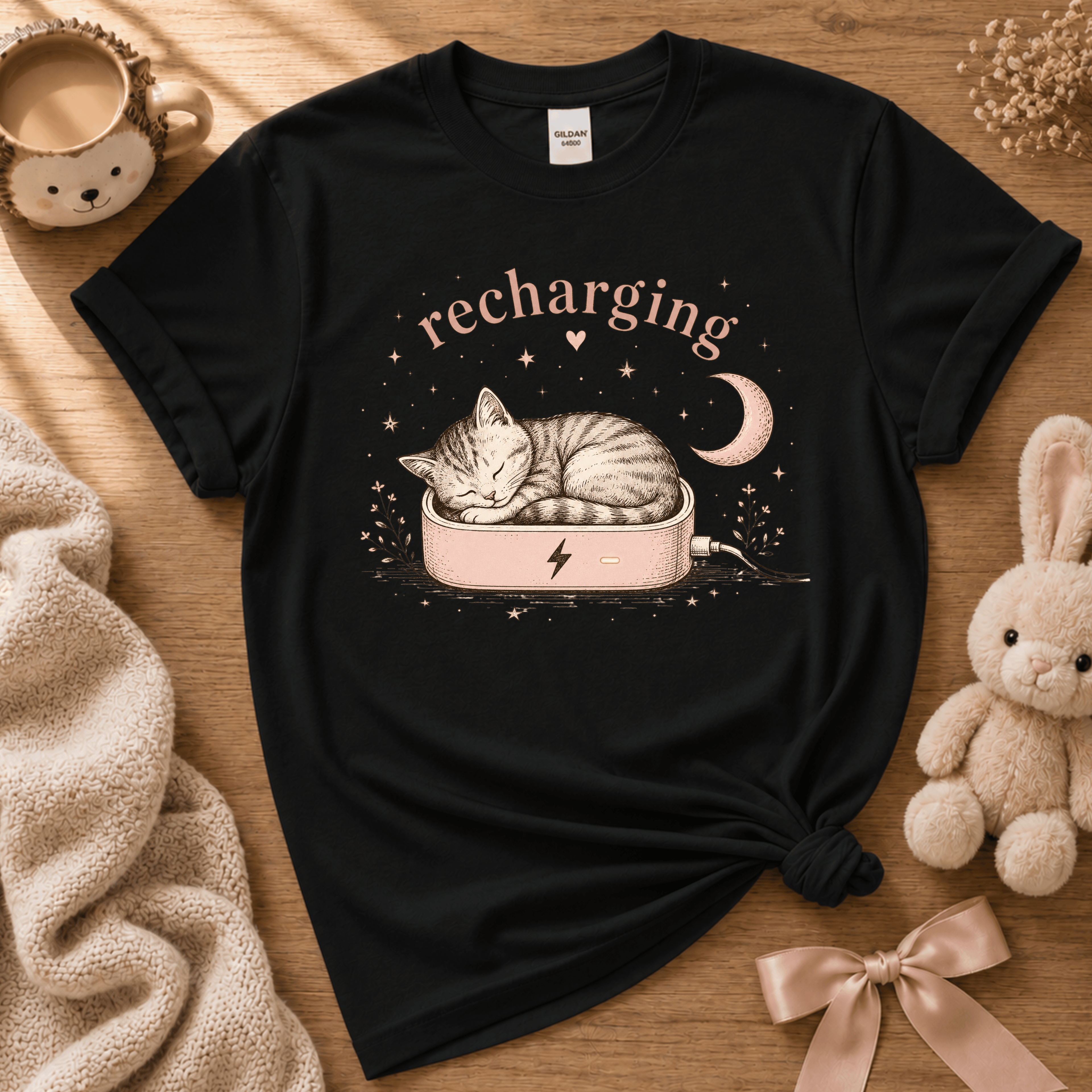 Recharging Cat | Cute Animal Graphic T-Shirt