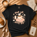 Out of Energy coffee lovers graphic t-shirt cozy flat lay in black.