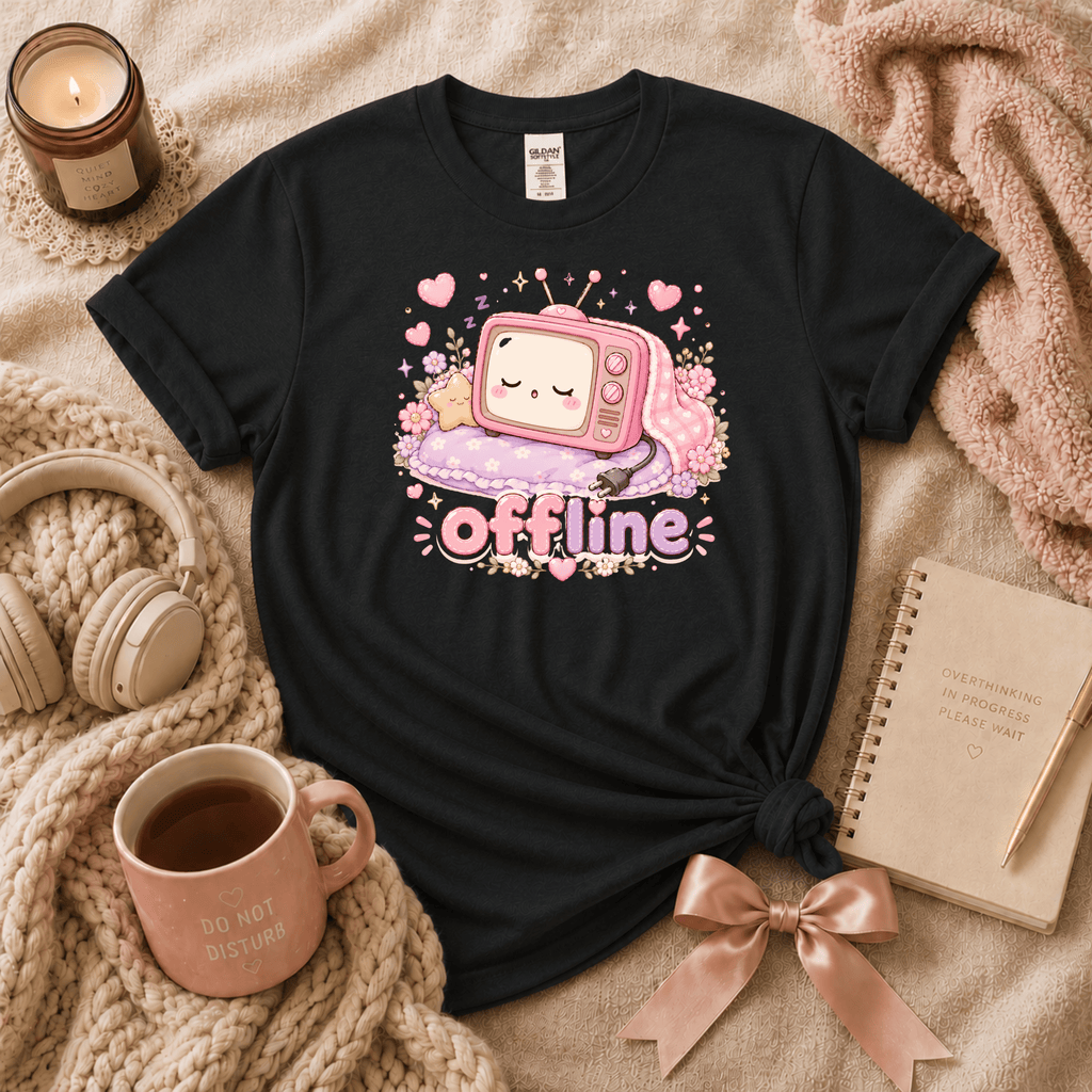 Offline introvert graphic t-shirt cozy flat lay in black.